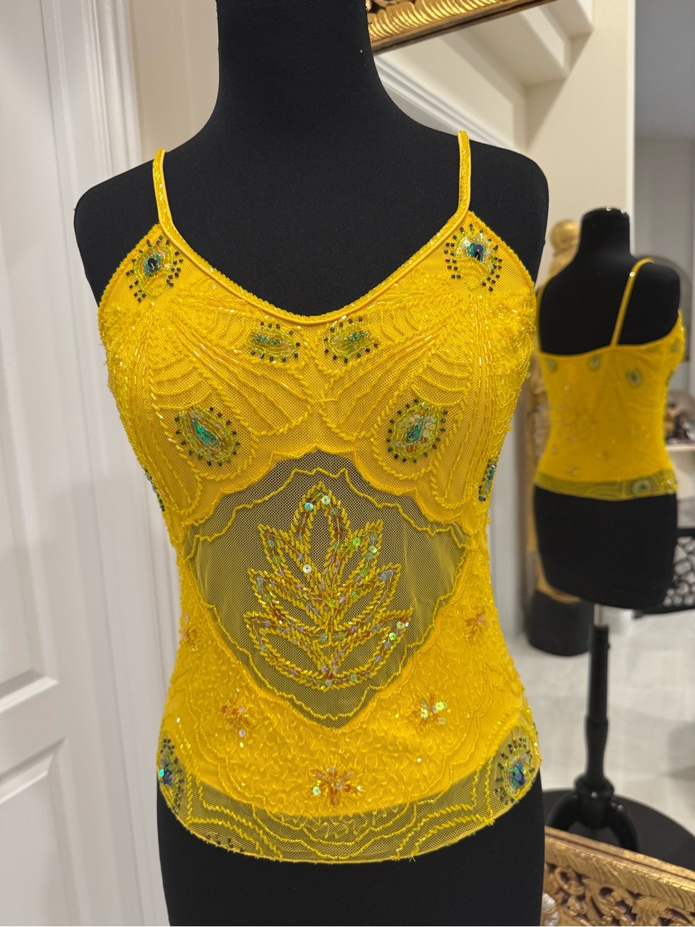 Yellow Sheer midriff hand beaded camisole Top. Stretch‎ fabric lined back.
